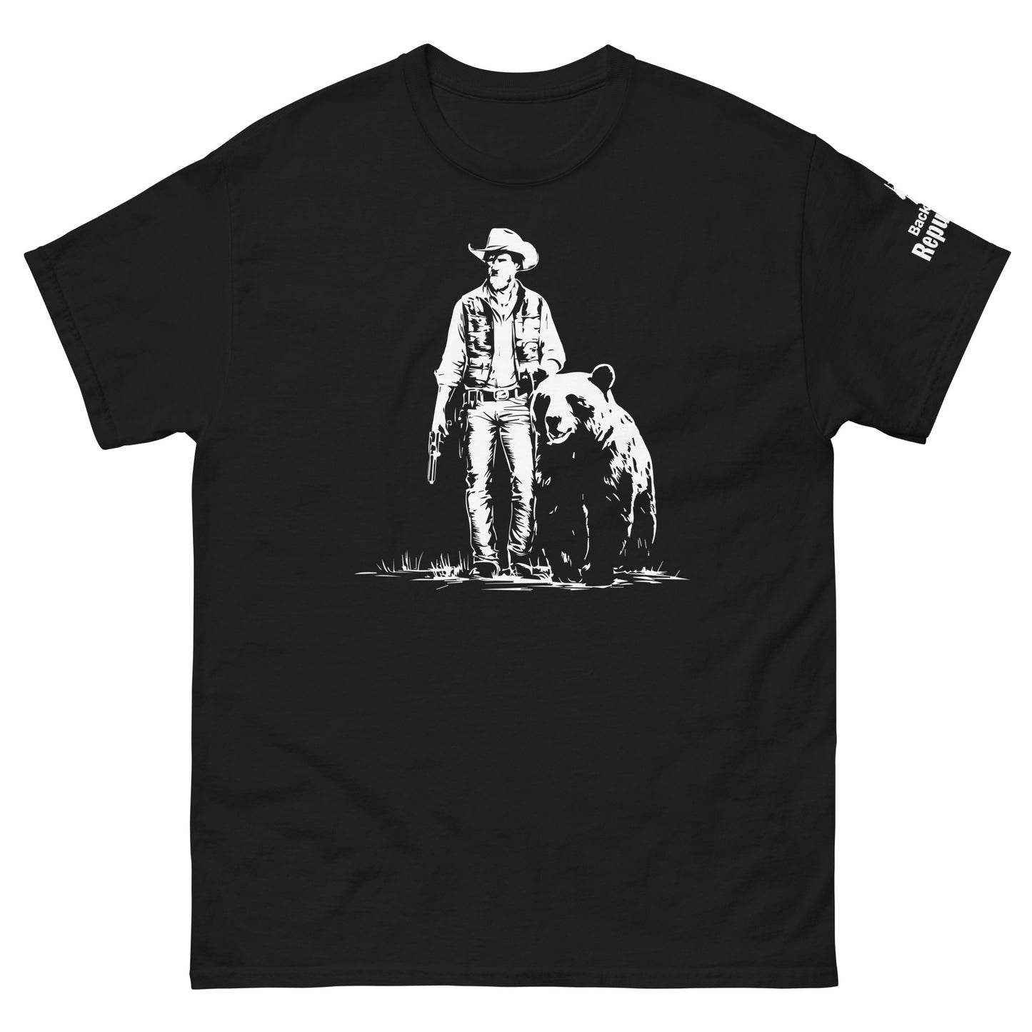 Cowboy and Bear Tee | Funny Hunting Trip Shirt | Wilderness Challenge | Outdoorsman Gift | Bear Hunting Tee | Rustic Cowboy Shirt