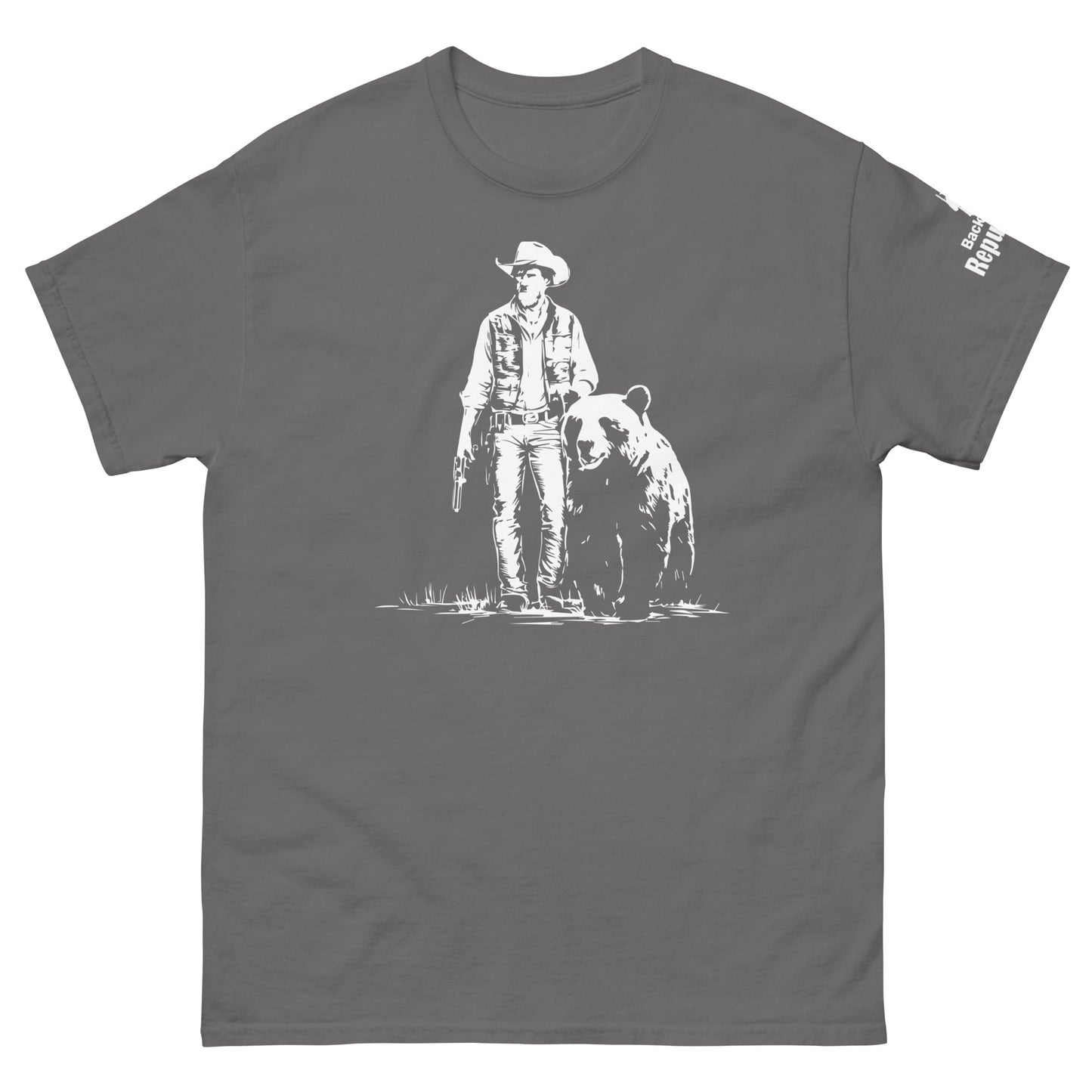 Cowboy and Bear Tee | Funny Hunting Trip Shirt | Wilderness Challenge | Outdoorsman Gift | Bear Hunting Tee | Rustic Cowboy Shirt