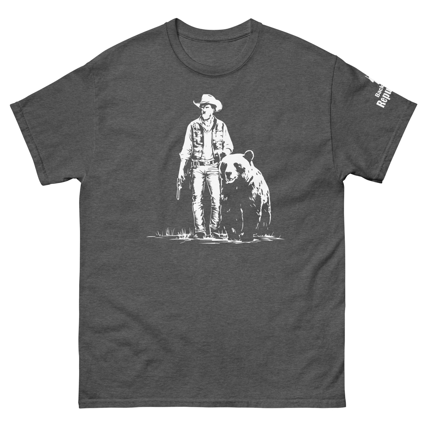 Cowboy and Bear Tee | Funny Hunting Trip Shirt | Wilderness Challenge | Outdoorsman Gift | Bear Hunting Tee | Rustic Cowboy Shirt