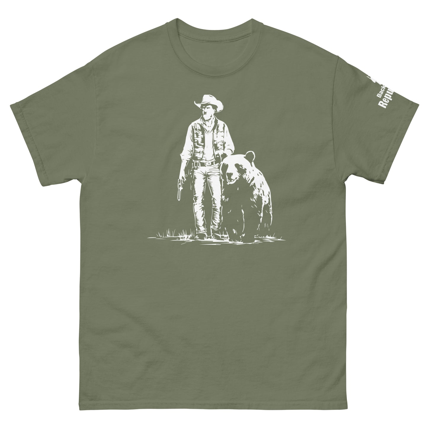 Cowboy and Bear Tee | Funny Hunting Trip Shirt | Wilderness Challenge | Outdoorsman Gift | Bear Hunting Tee | Rustic Cowboy Shirt